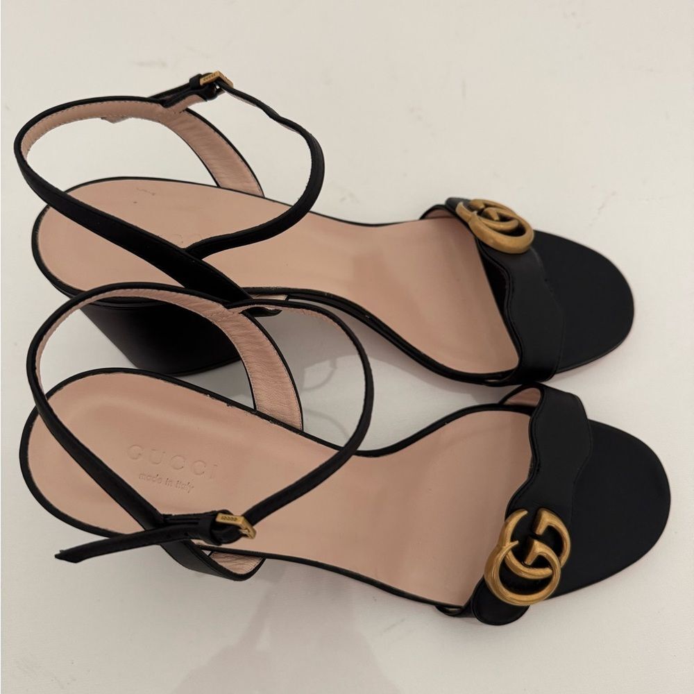 Gucci GG Marmont Black Leather Heel Sandals EU 40.5 US 10.5 Authentic - Picture 4 of 10
